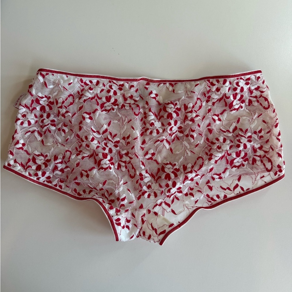 DKNY Sheer Lace Boyshorts Panties – Red & White Floral Embroidery, Size M, NWOT - Picture 3 of 6